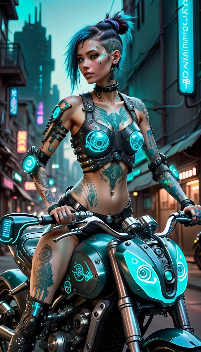 Biopunk Woman on Cyberpunk Motorcycle in Ruined City