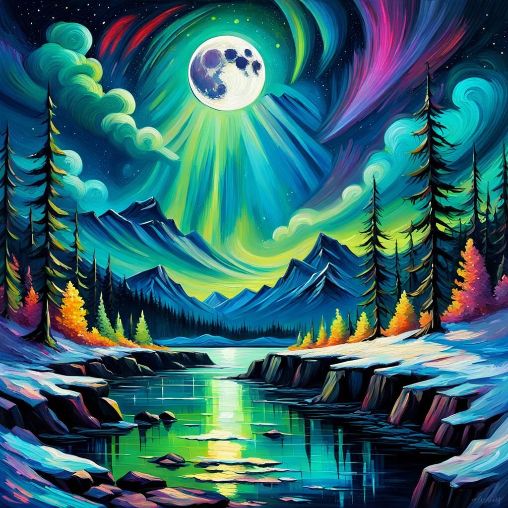 Aurora Borealis Moonlit Landscape in Expressionist Style