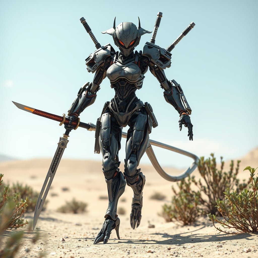 Cyberpunk Warrior in Stealth Mode on a Deserted Planet