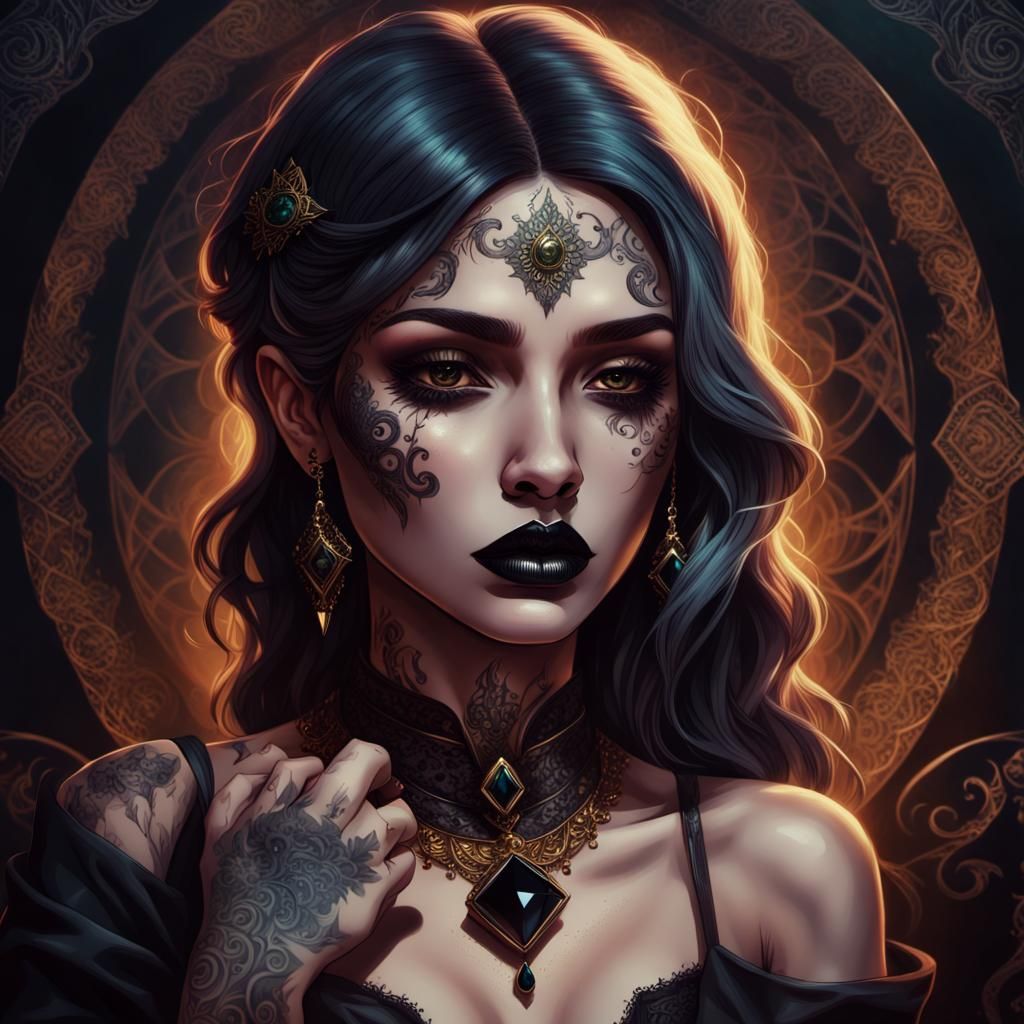 Mysterious Woman with Gemstone: Dark Fantasy Concept Art
