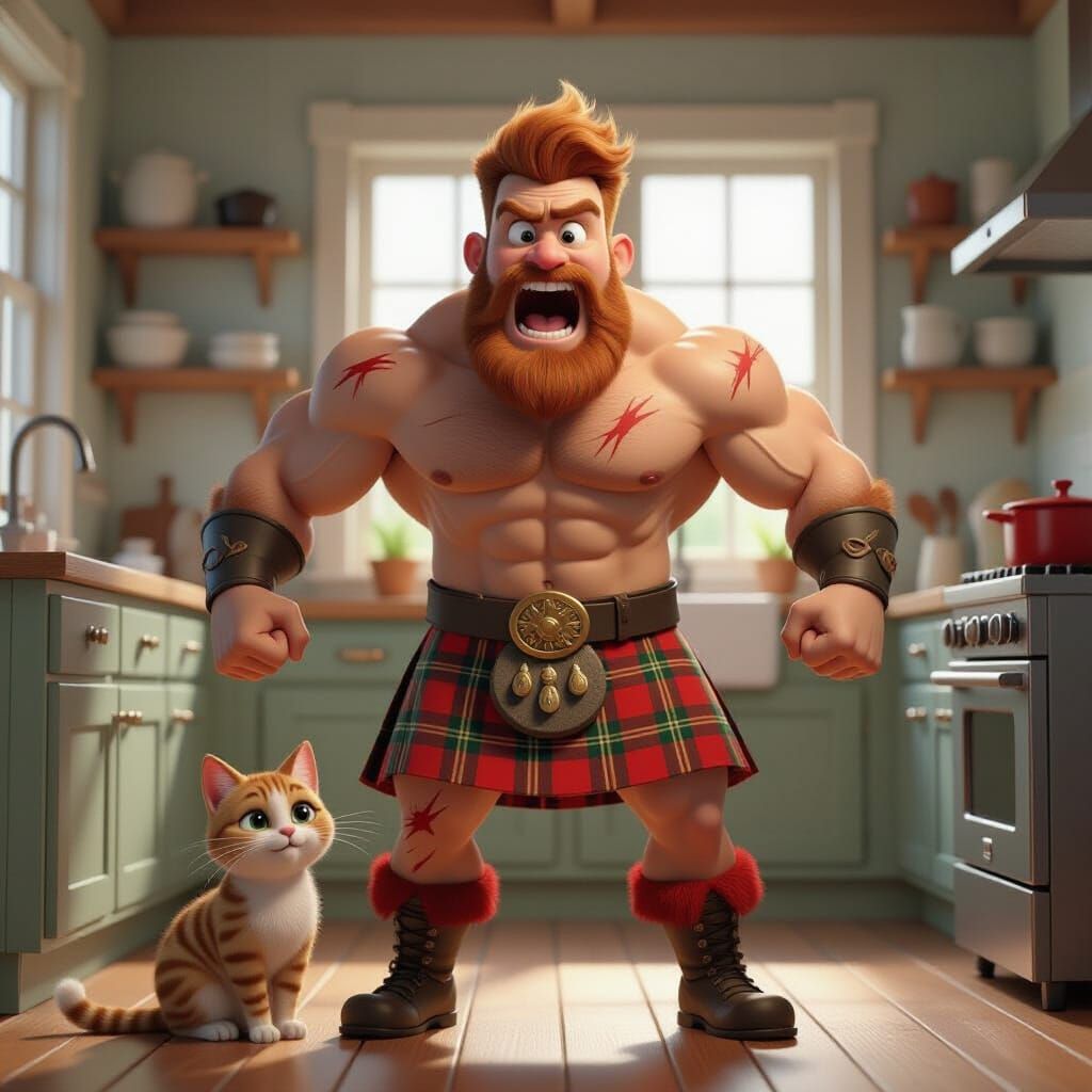 Scottish Man and Cat in Pixar Style