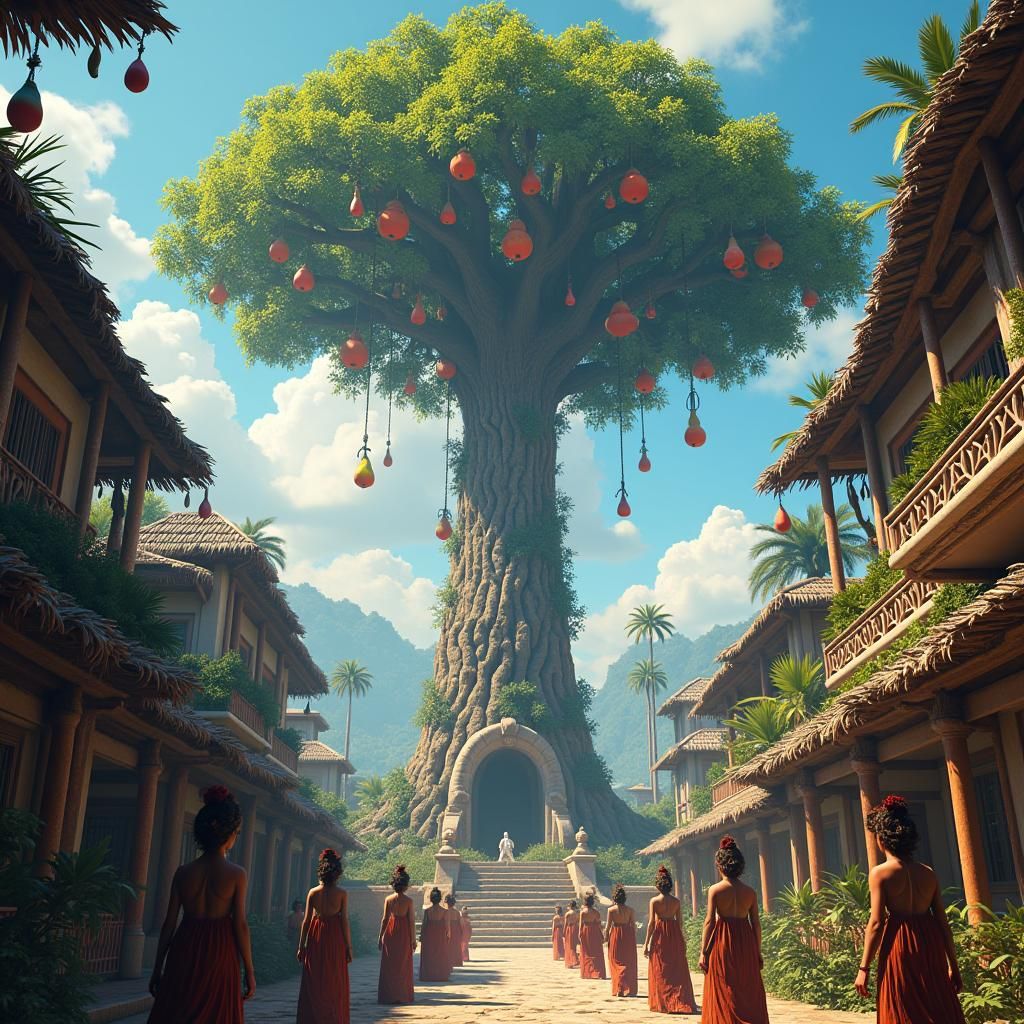 Amazonian Tree with Fantasy Fruits in Mayan Town