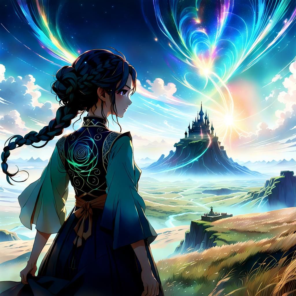 Anime Girl in Realm of Gods with Distant Castle
