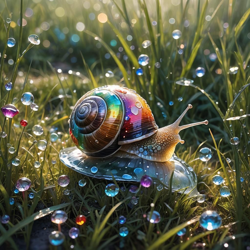 Glass Shell Snail with Gems in Dreamlike Meadow