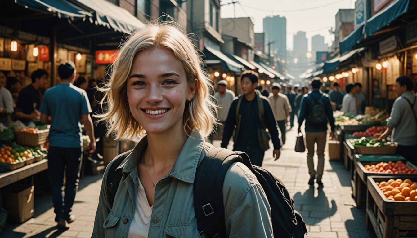 Australian Blonde Woman Embracing Asian Street Market Cultur...