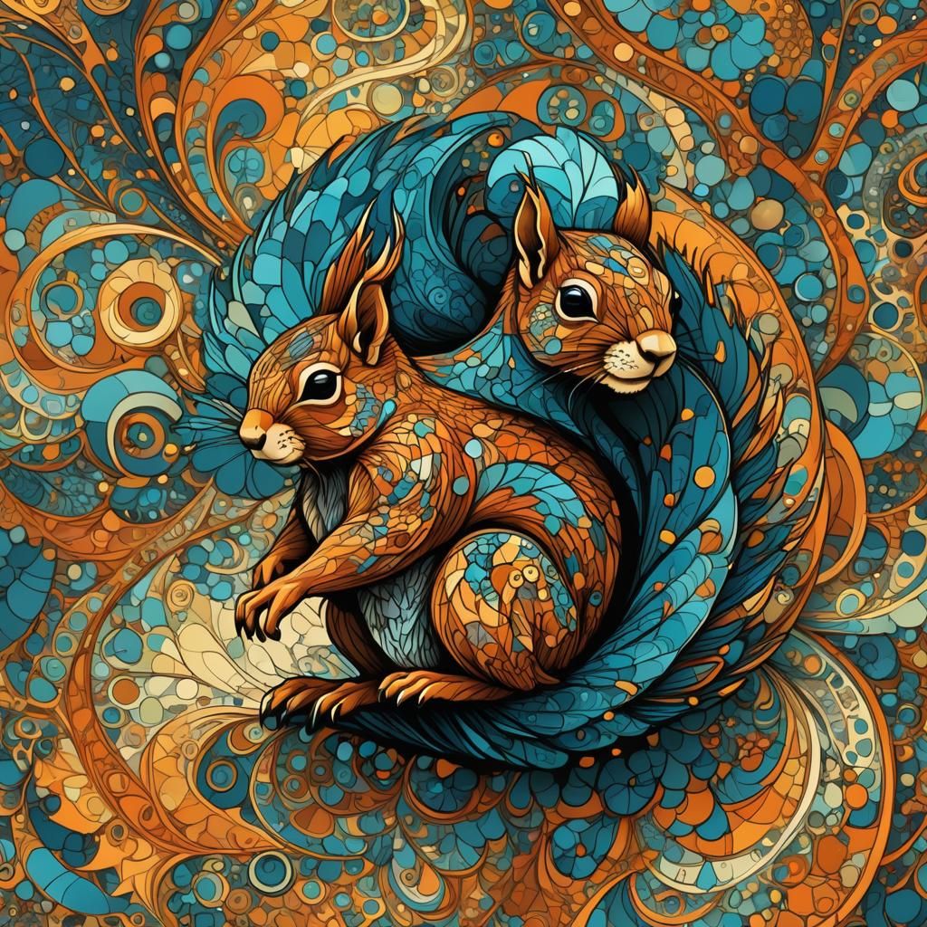 Gymnastic Squirrel in Abstract Fractal Landscape