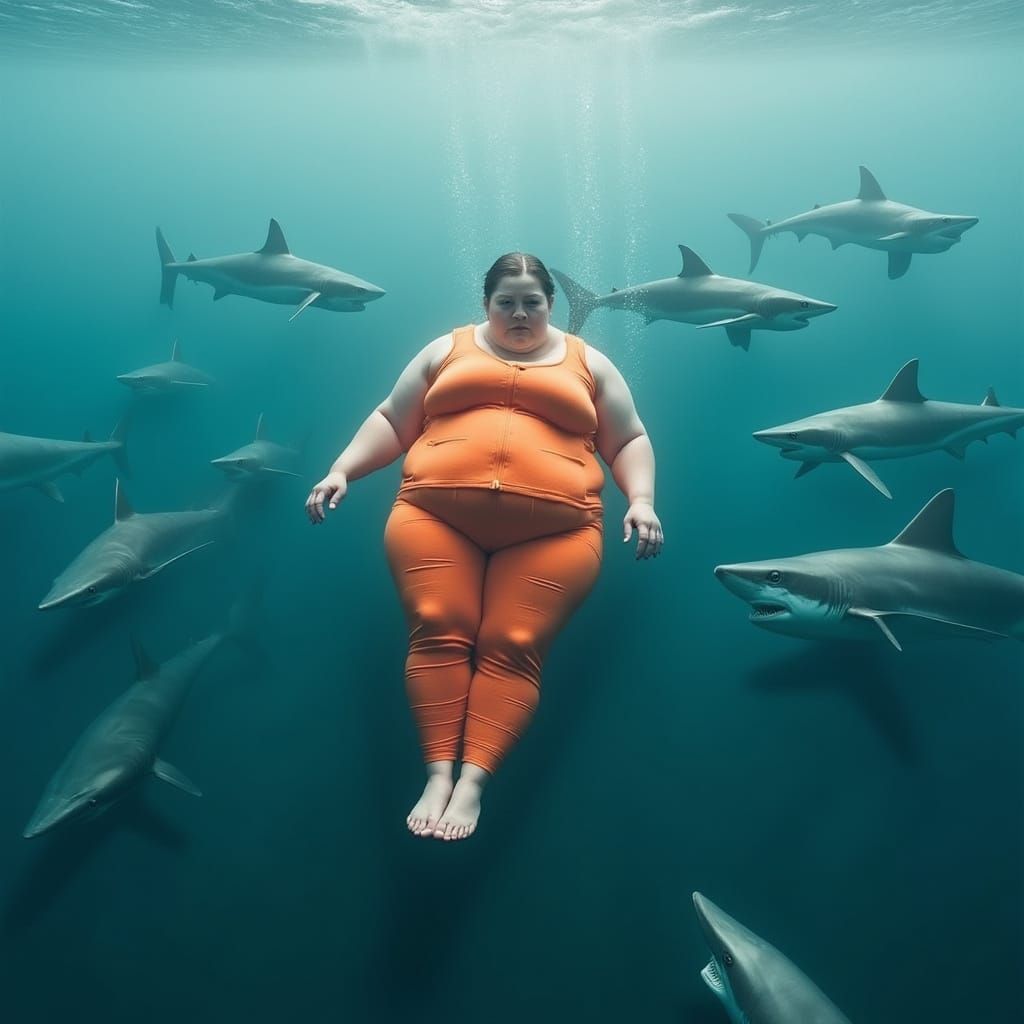 Woman Swimming with Sharks in Cinematic Style