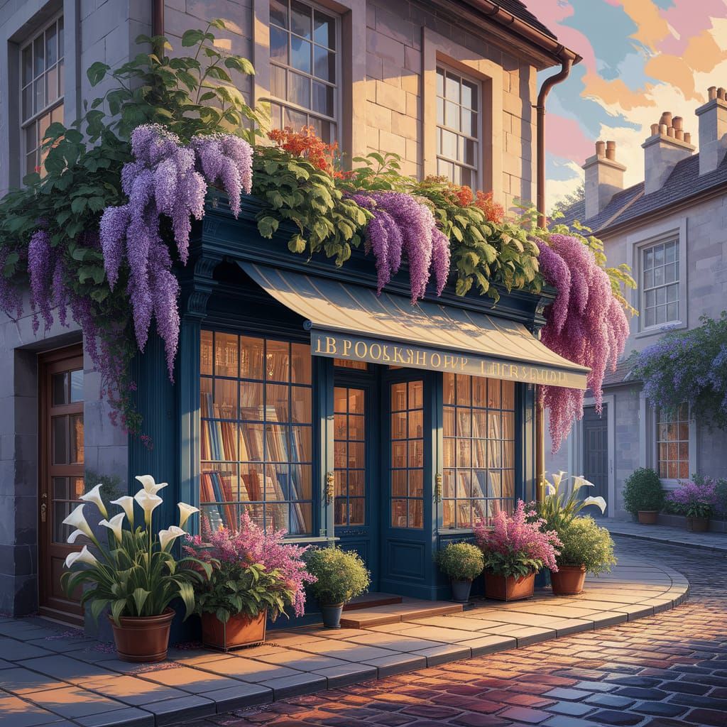 Picturesque Bookshop in Neo-Impressionist Art Nouveau Style