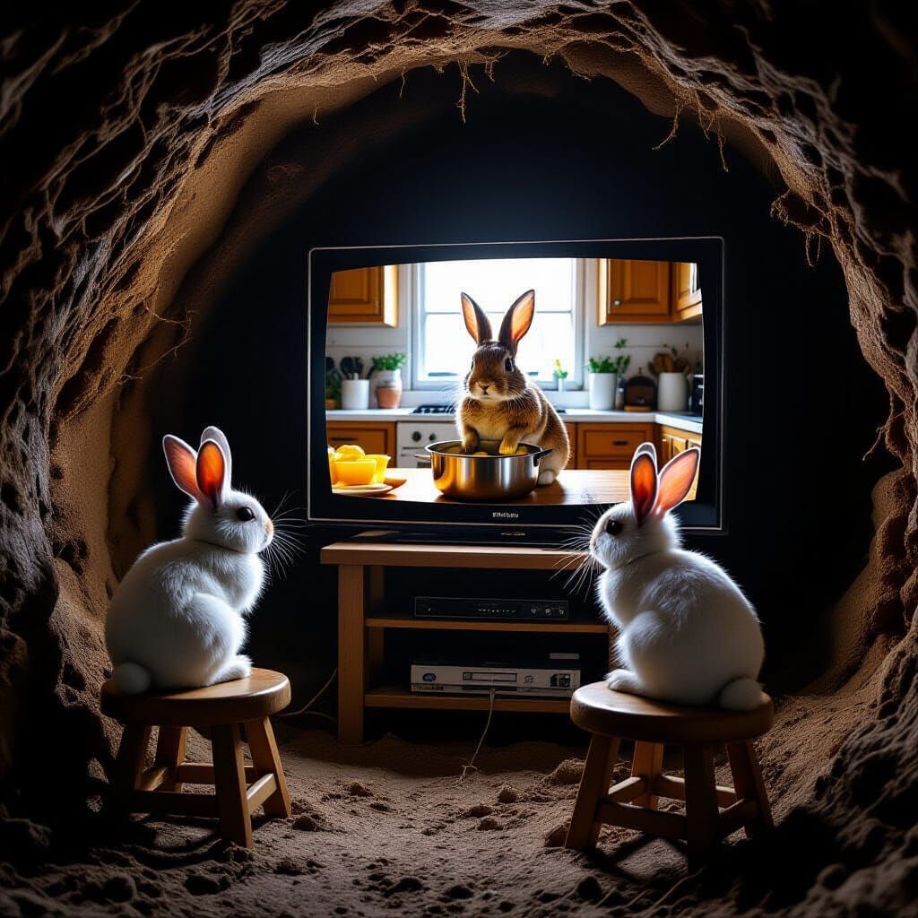 Rabbits Watch TV in Burrow, Surreal Kitchen Scene