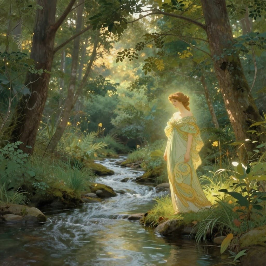 Art Nouveau Forest Stream with Ethereal Glow