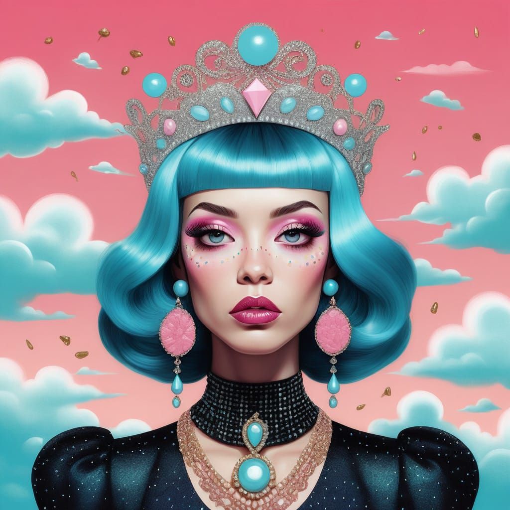 Kitschy, Glamorous Woman Portrait in Vibrant Colors