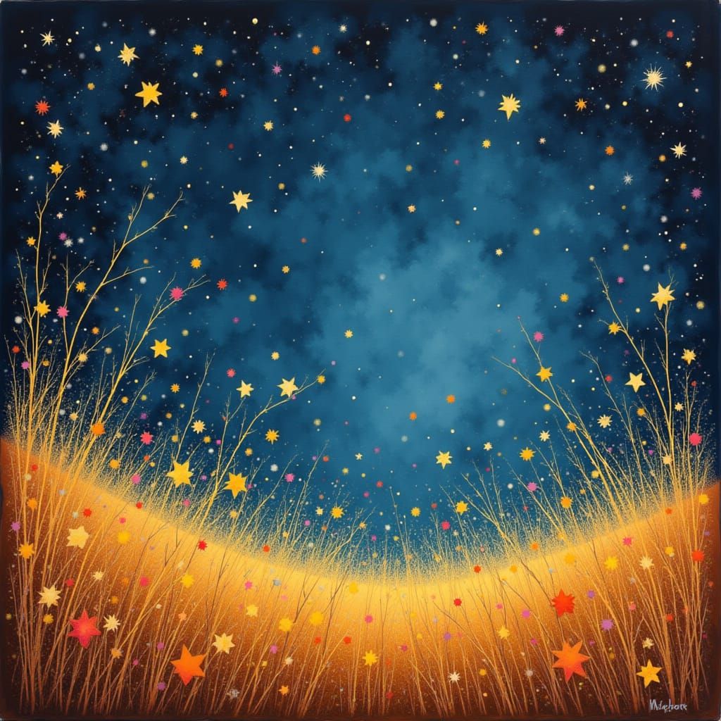 Vibrant Amber Landscape with Twinkling Stars and Swaying Gra...