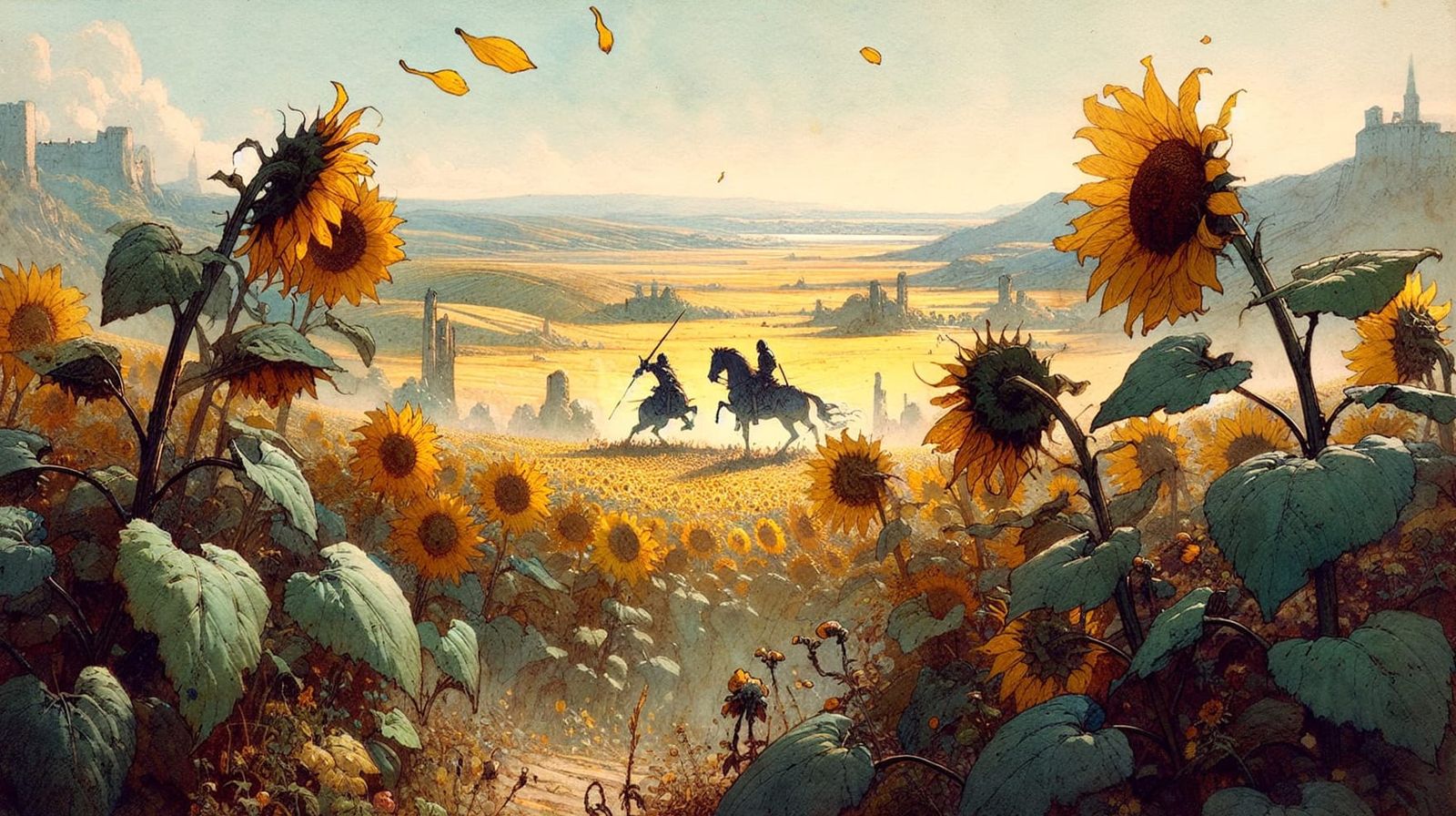 Impressionist Sunflower Field Duel in Watercolor