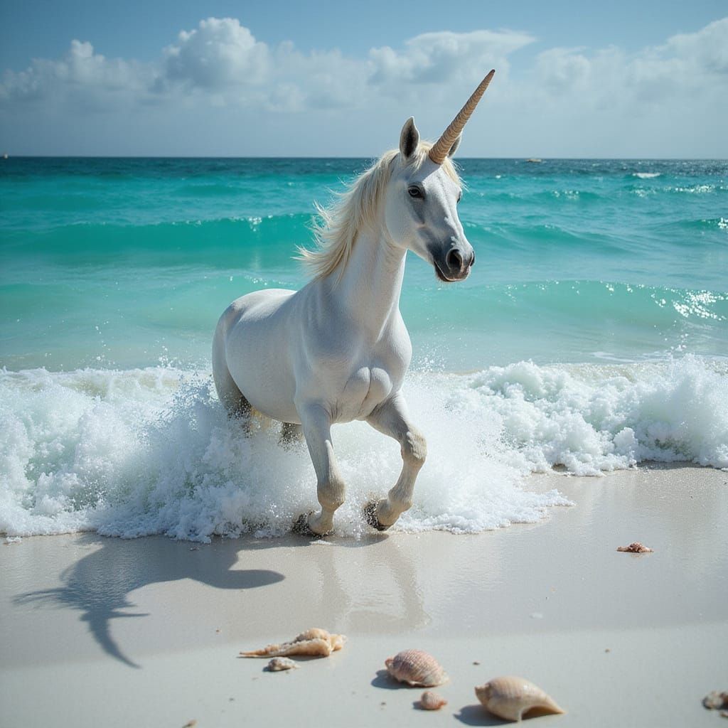 Hyperrealistic Unicorn Prancing on a Gulf Coast Beach