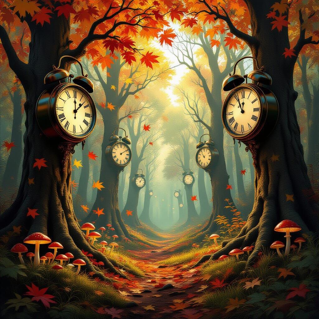 Surreal Autumn Forest With Giant Clocks