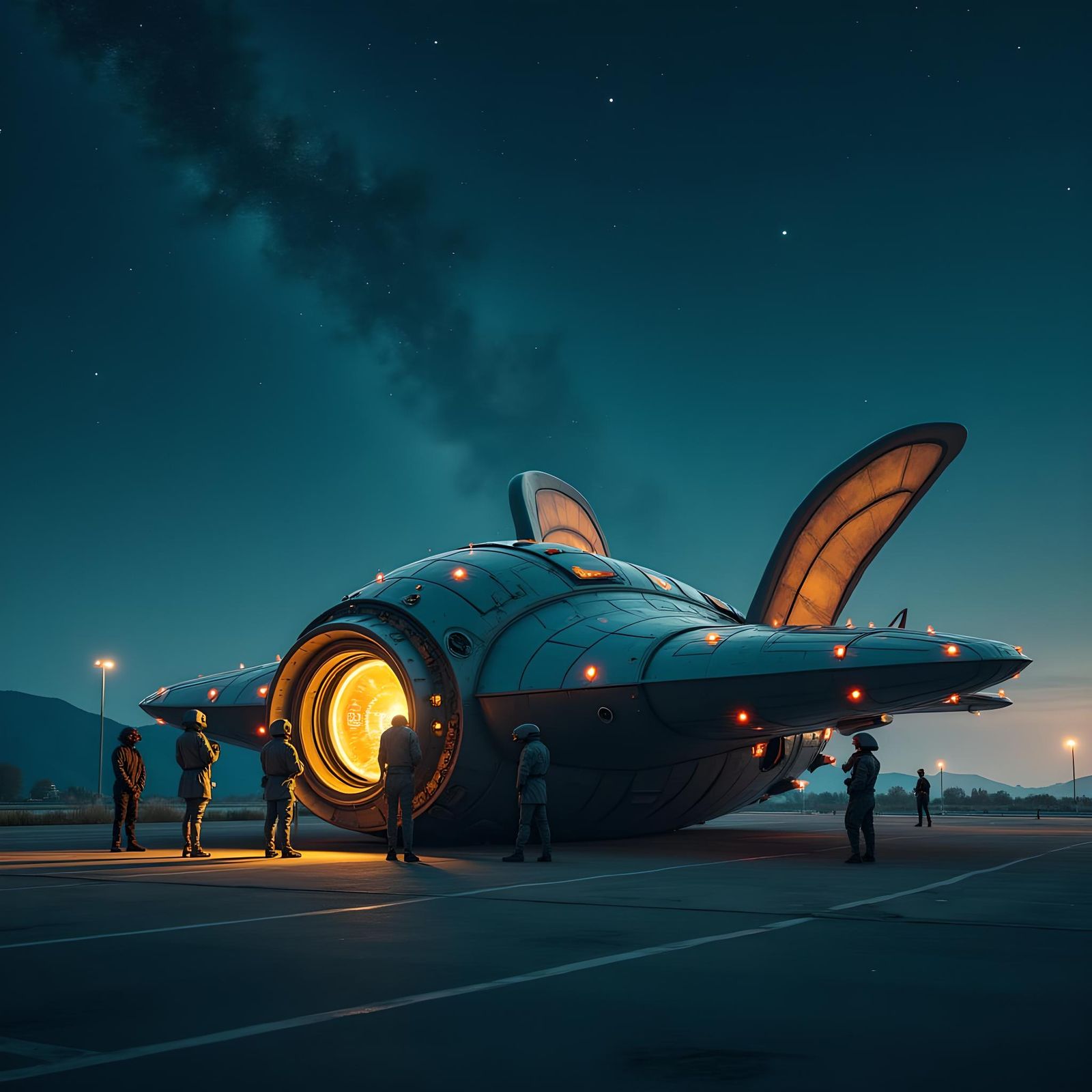 Butterfly Winged Saucer Being Repaired at Night