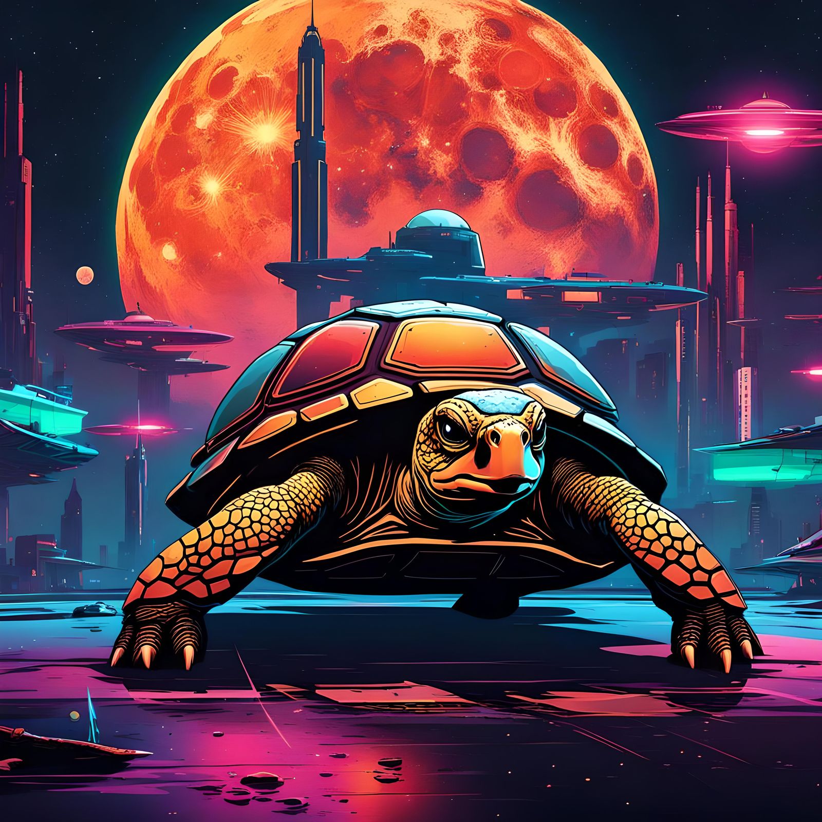 Turtle on Rocket in Space: Cyberpunk Neon Art