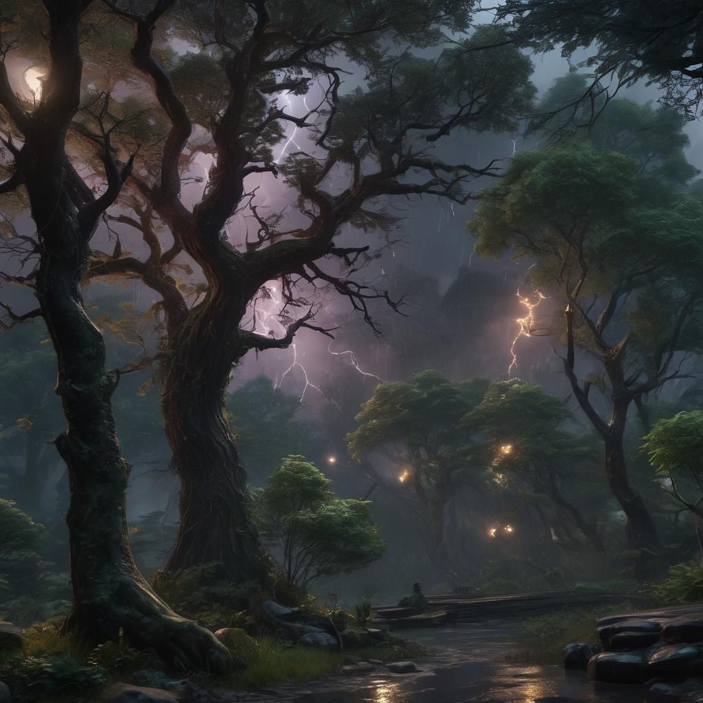 lightning, witch, magic, celestial, rain, moon, forest