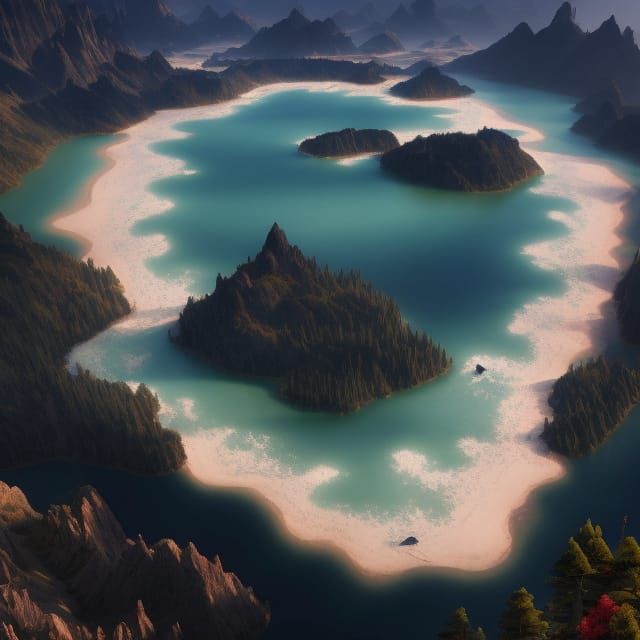 Epic Lake Surrounded by Mountains in Fantasy Art