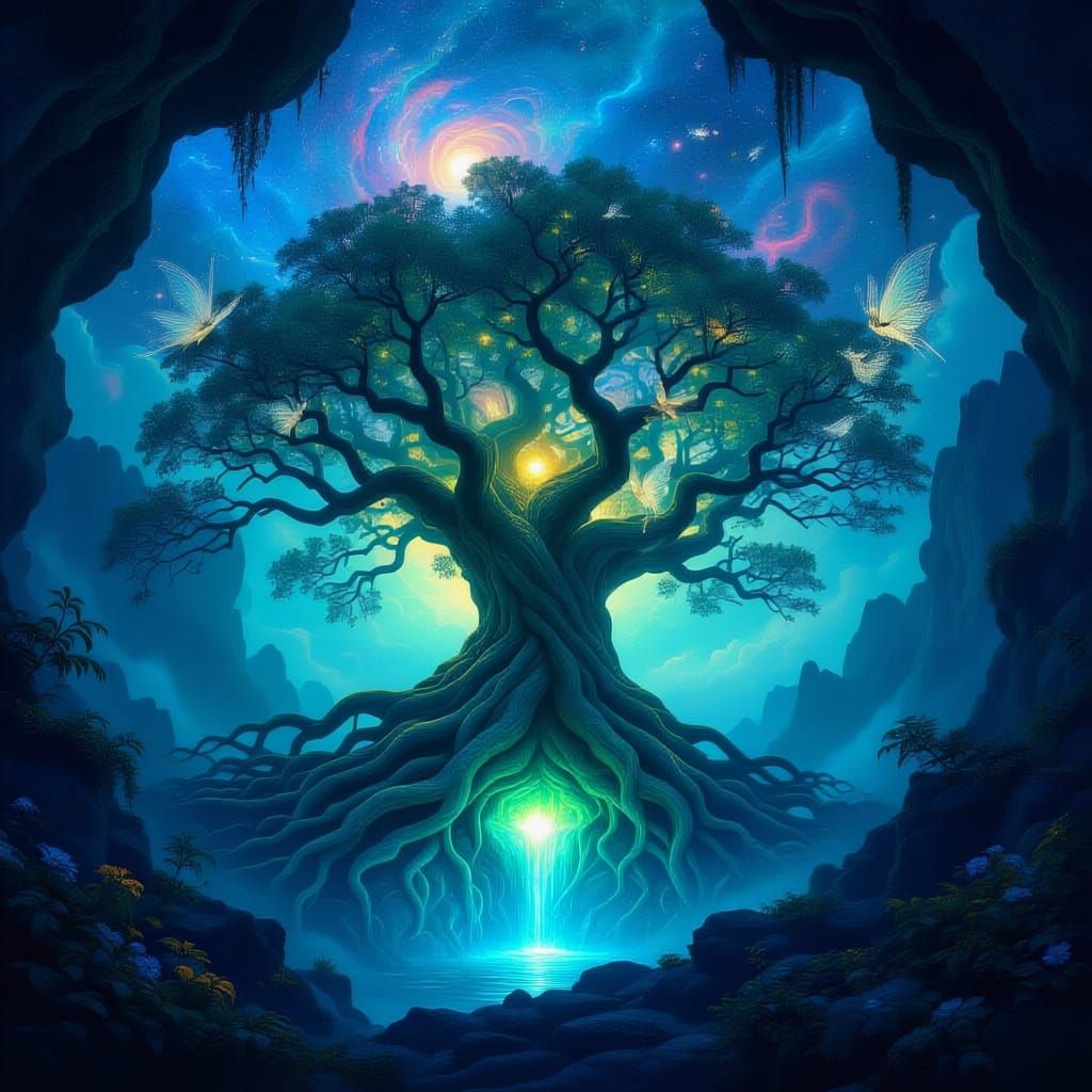 Ancient Tree Roots in Glowing Nebula Cavern