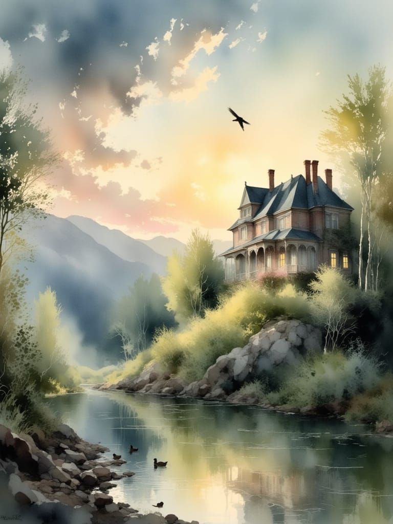 Victorian Home & Nature Scene in Hudson River Style