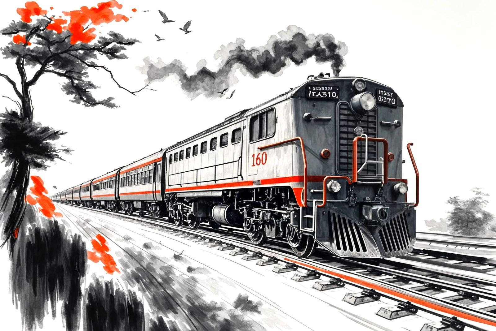 Vibrant Train in Motion, Inspired by Korean Art and Charcoal...