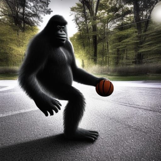 Hyperrealistic Bigfoot Playing Basketball in Cinematic Style