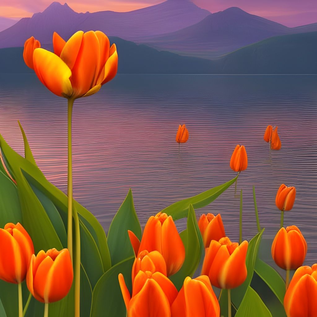 Orange Tulip Lake View: Digital Art Illustration