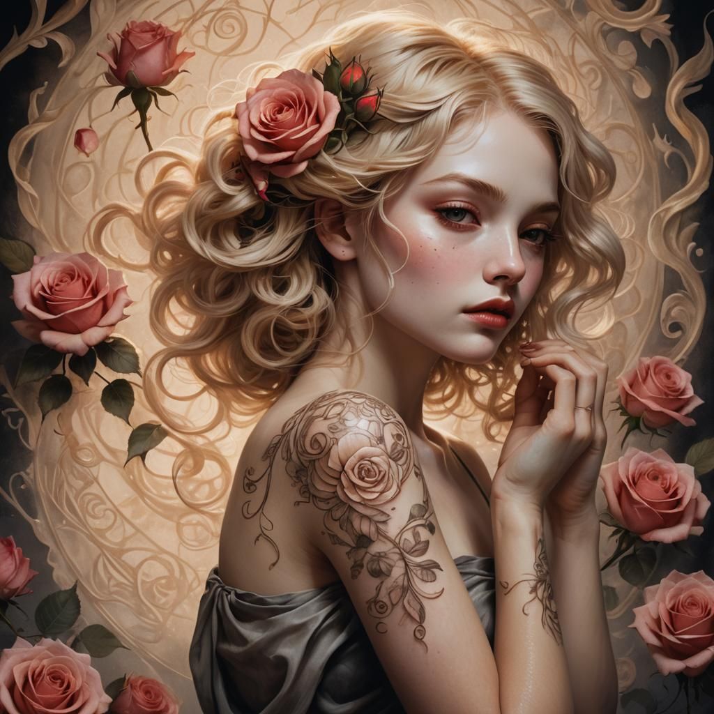Ethereal Woman with Rose Tattoo: High-Fantasy Portrait