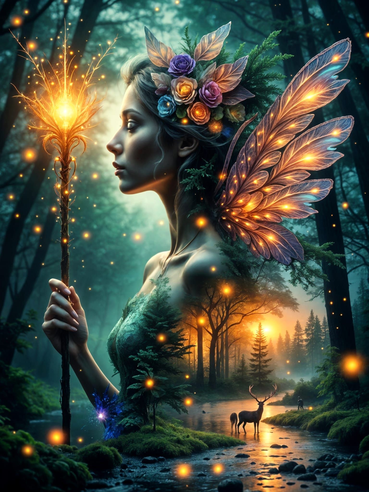 Forest Enchantress Double Exposure in Abstract Style