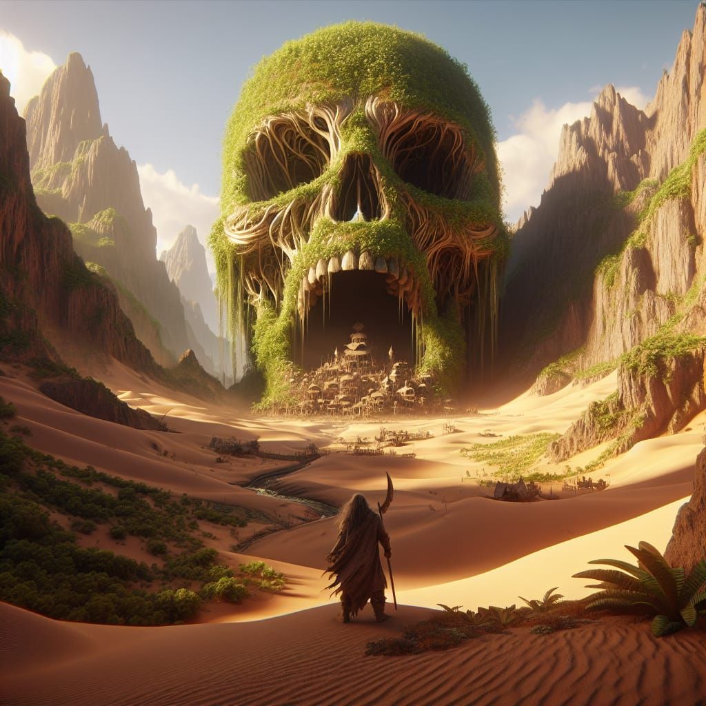 Enigmatic Desert Landscape with Ancient Skull and Verdant Ju...