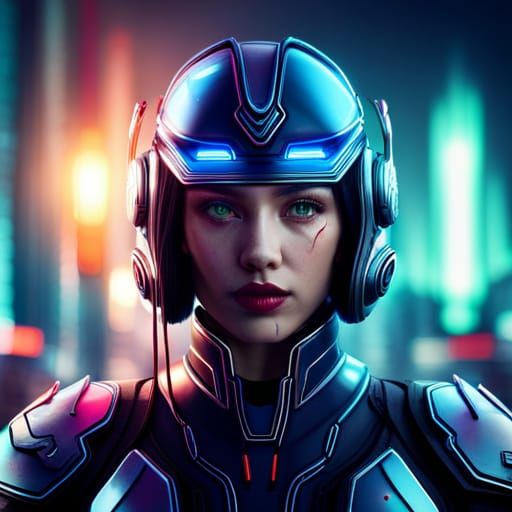 Cyborg Girl Portrait in Neon City, Digital Art