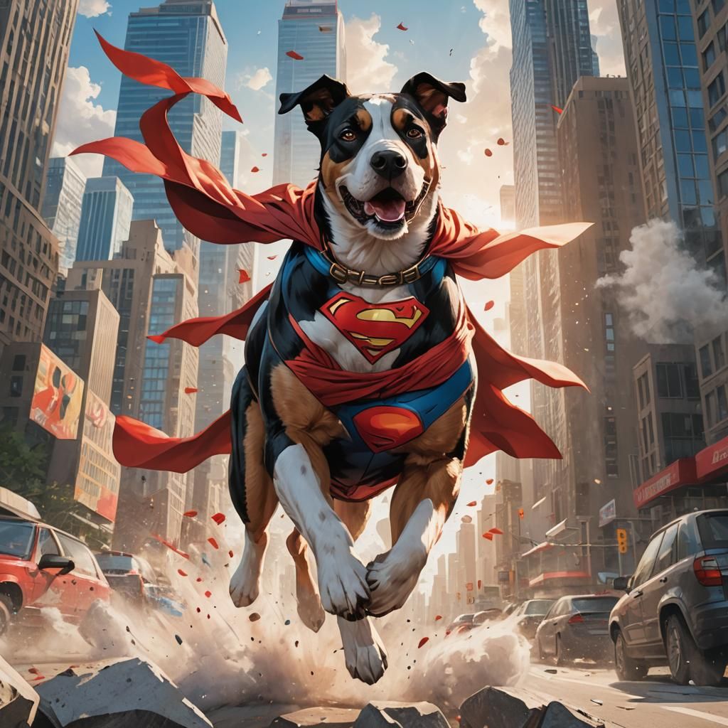Superman Dog Running in Metropolis: Comic Book Style