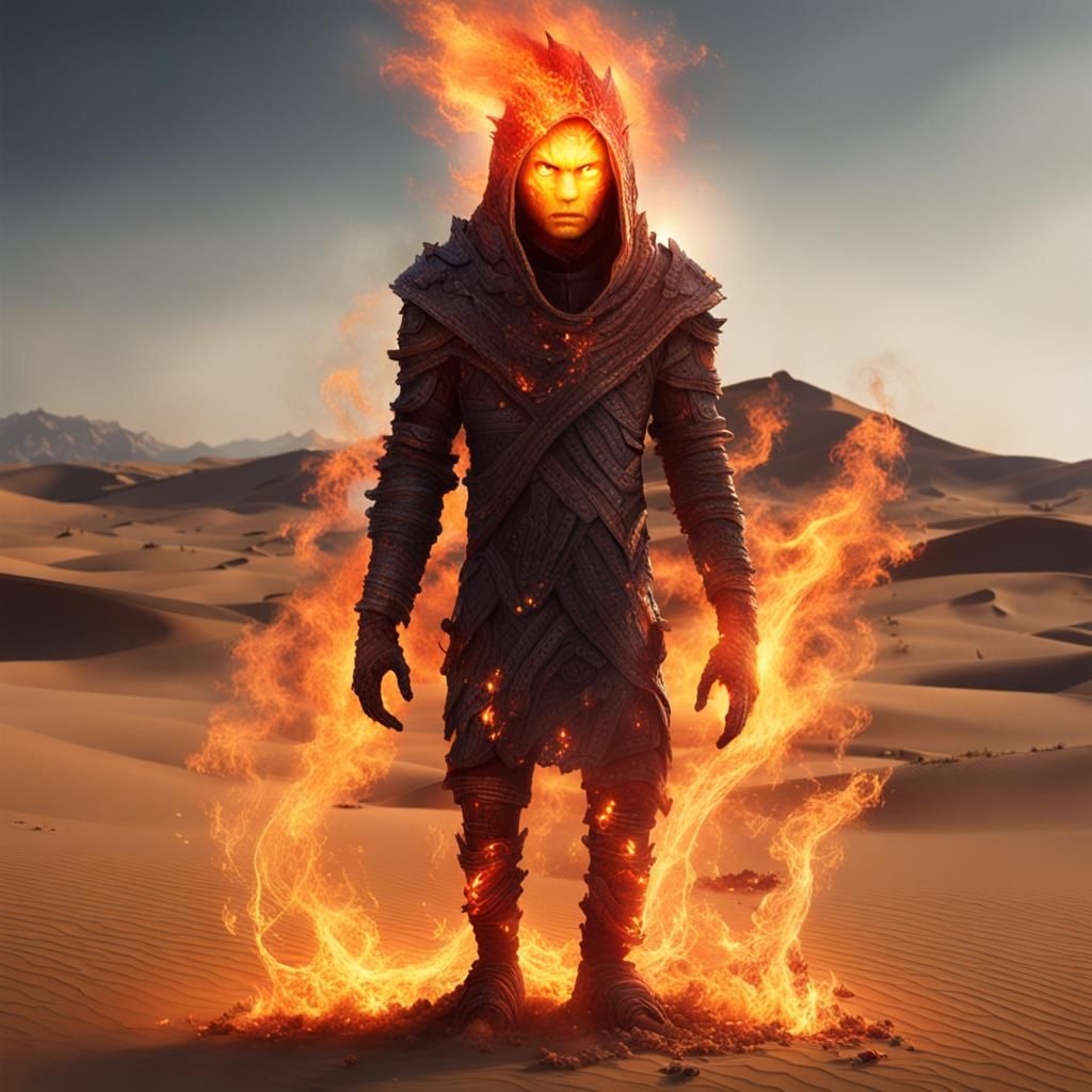 Mystical Fire Creature in Desert Landscape