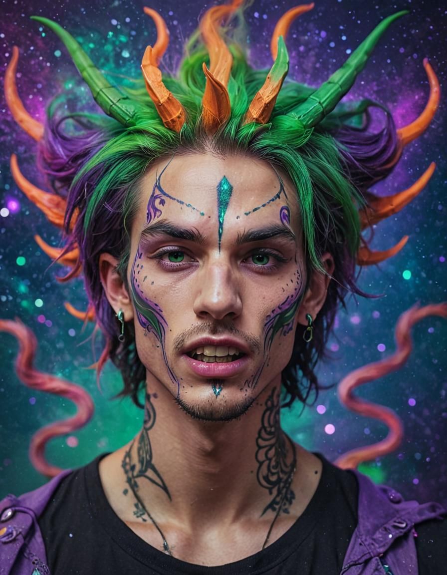 Vibrant Grunge Pop-Art Portrait of Half-Dragon Man
