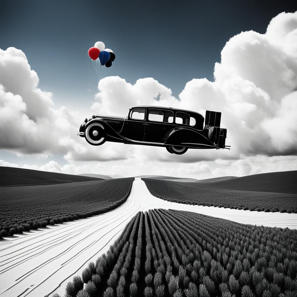 Surreal Art Deco Landscape with Flying Gentleman