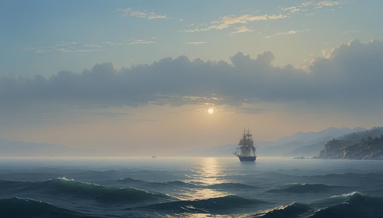 Mist-Shrouded Blue Sea Landscape in Oil Painting Style