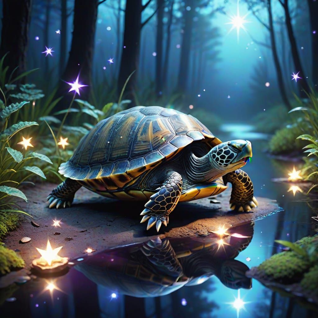 Star Turtle's Night Journey: Surrealist Forest Scene