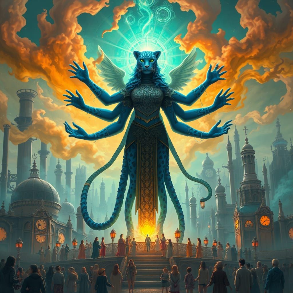 Blue Leopard Goddess in Steampunk Cityscape