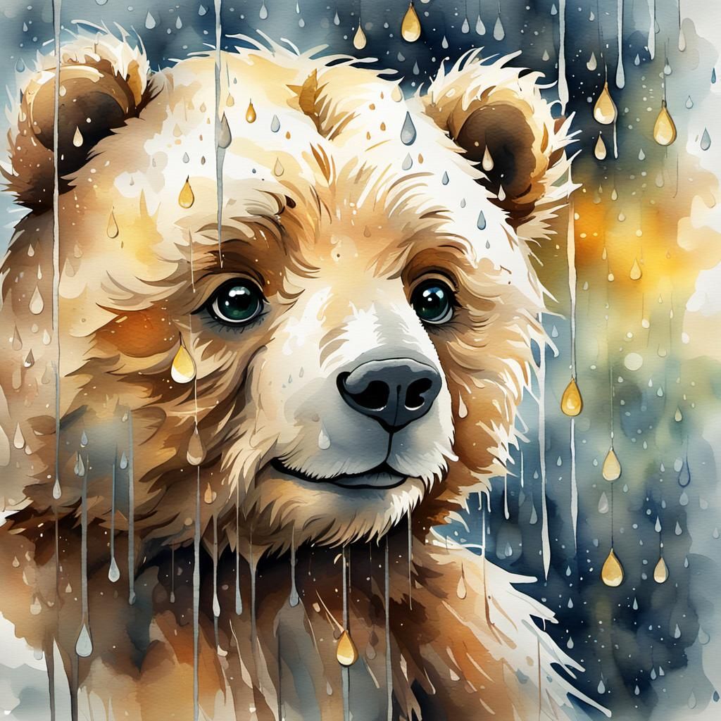 Teddy Bear Waiting in the Rain, Watercolor Style