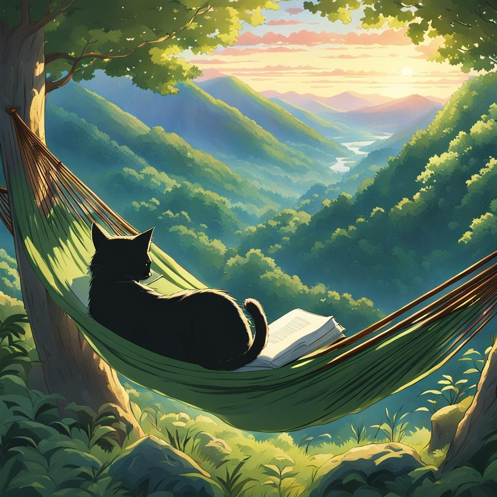 Black Cat Reading in Hammock: Studio Ghibli Style