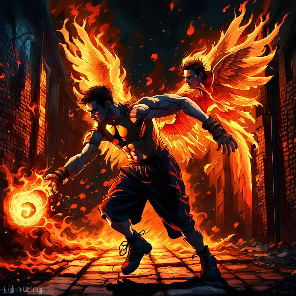 Gothic Angel Boxer Kicks Fireball in Dark Alley