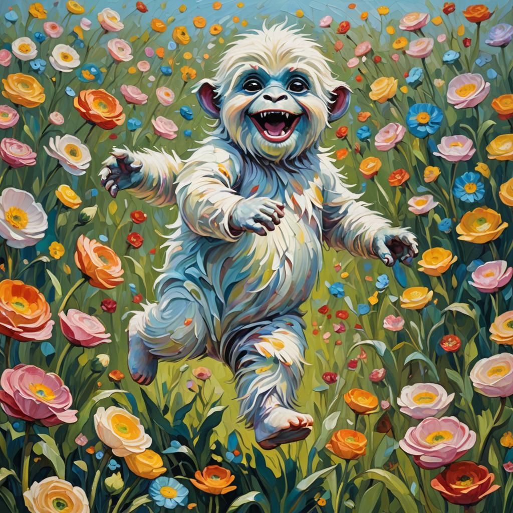 Baby Yeti Skips in Ranunculus Field: Expressionist Oil Paint...
