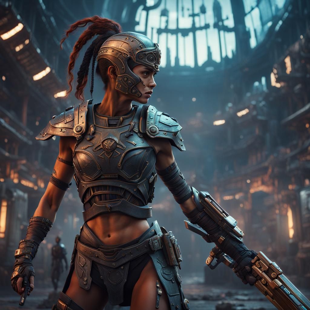 Cyberpunk Gladiator Woman: Detailed Matte Painting
