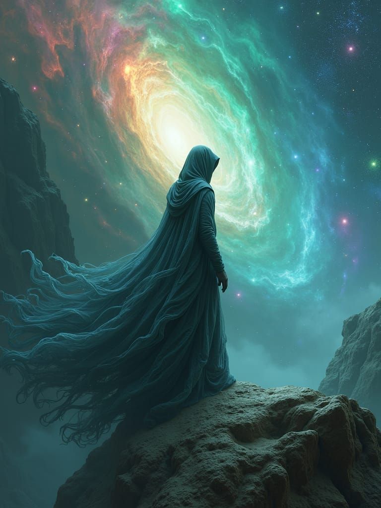 Mystical Figure Adrift in Cosmic Vortex