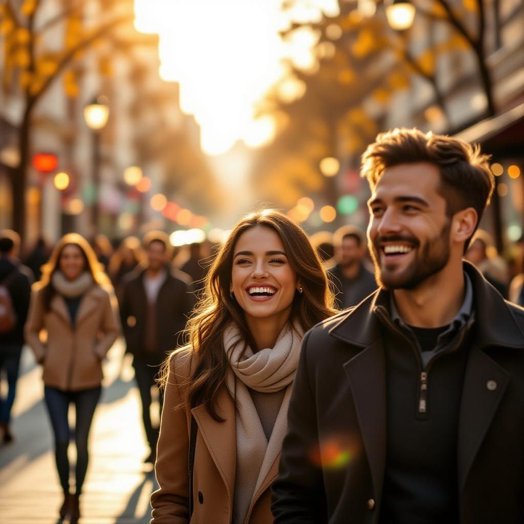 Golden Hour City Street with Diverse People Smiling