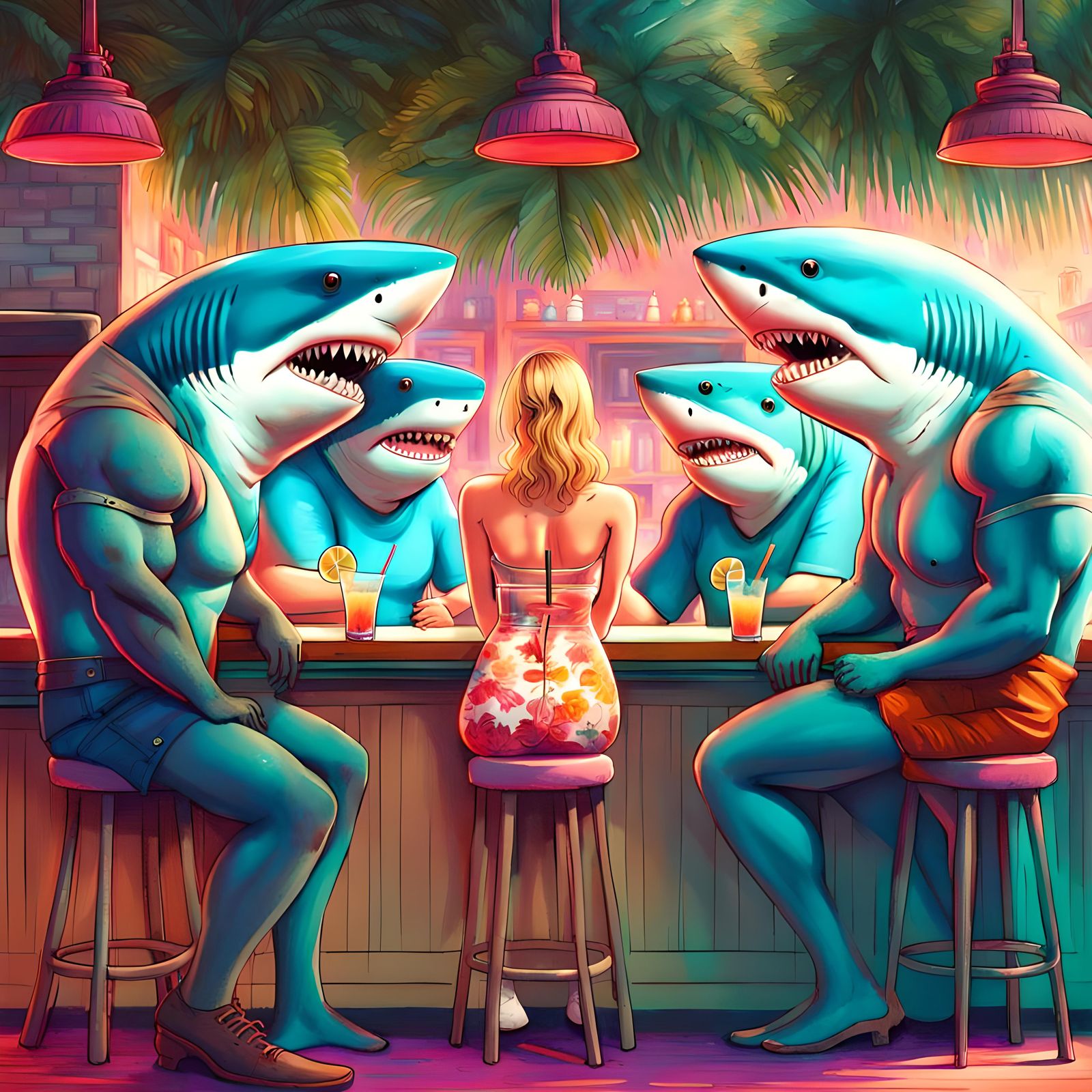 Shark-Headed Men Observe Woman in Tropical Bar