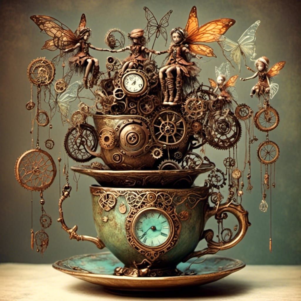 <lora:steam dreams 2:1.0>   steampunk tea party,  tea cup pi...