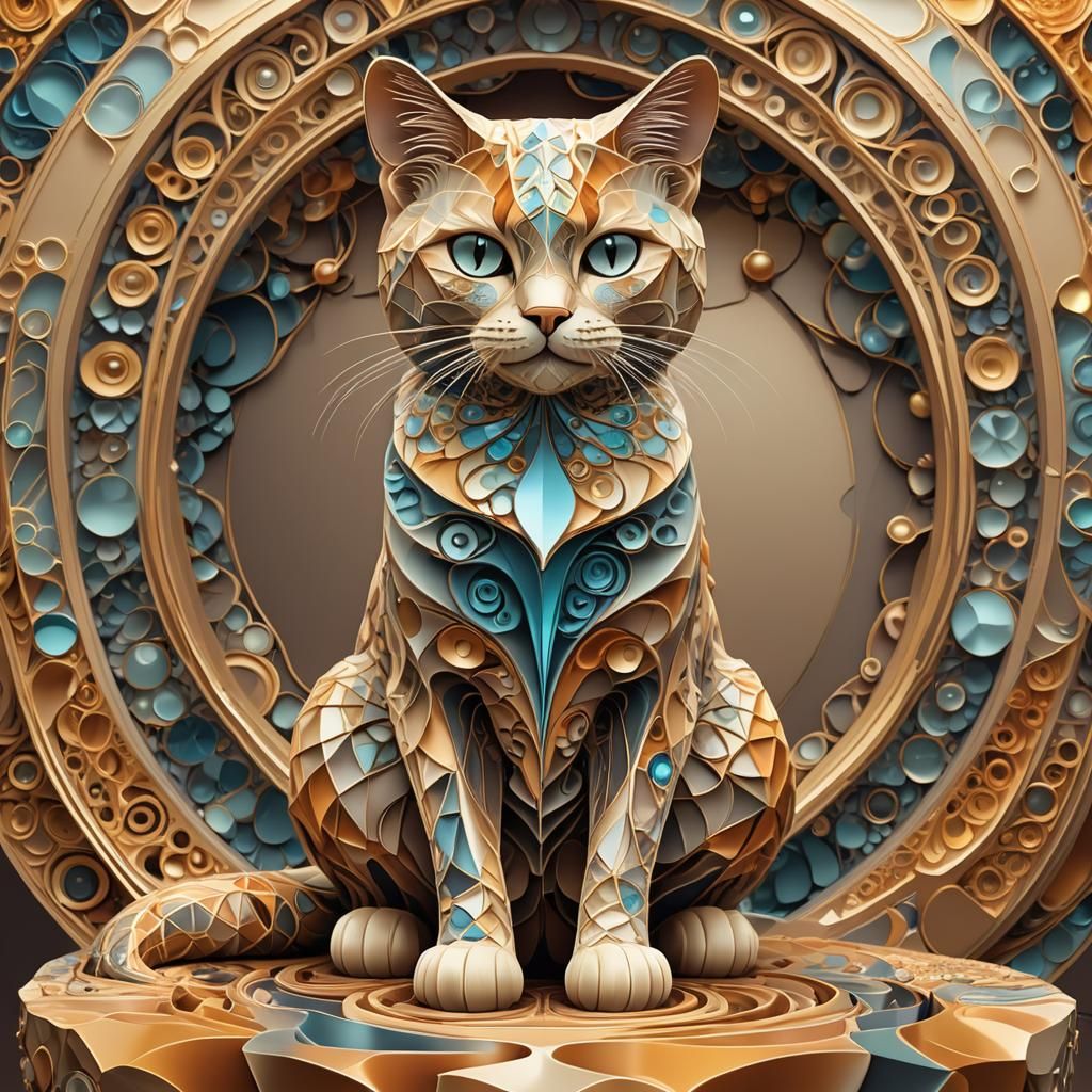 Vibrant Fractal Cat on Geometric Pedestal