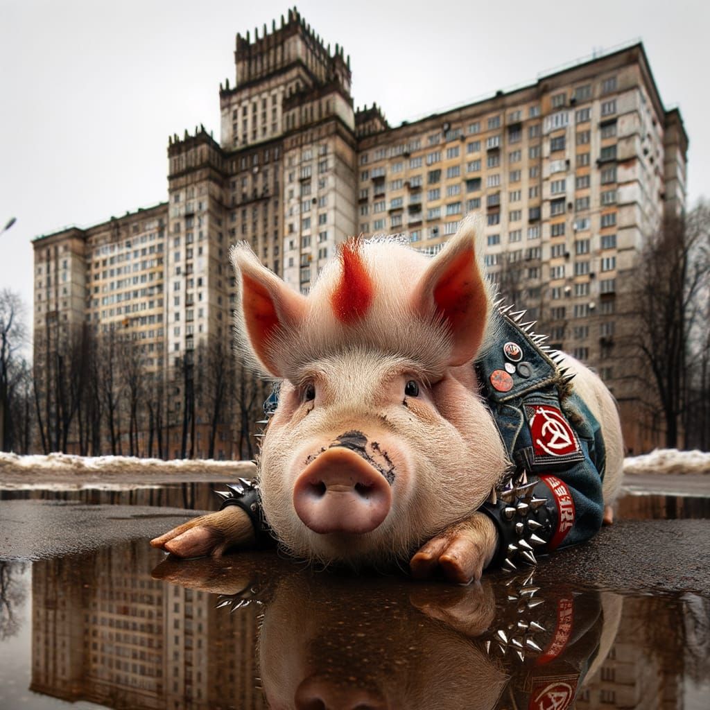 Pig in Punk Gear Lies in Puddle Against Soviet Architecture